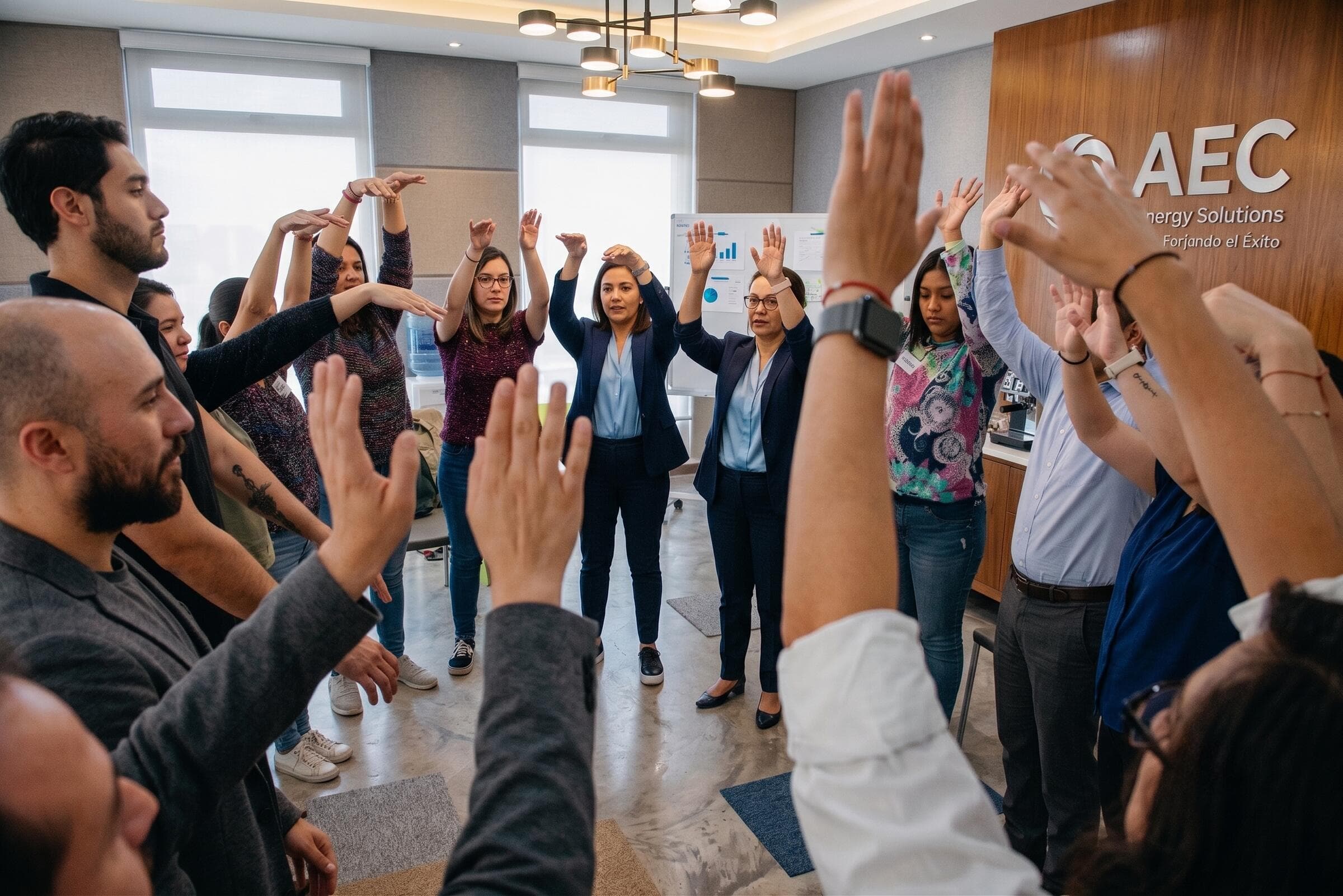 Equipo de oficina con las manos en alto durante una dinámica de un taller Mirari