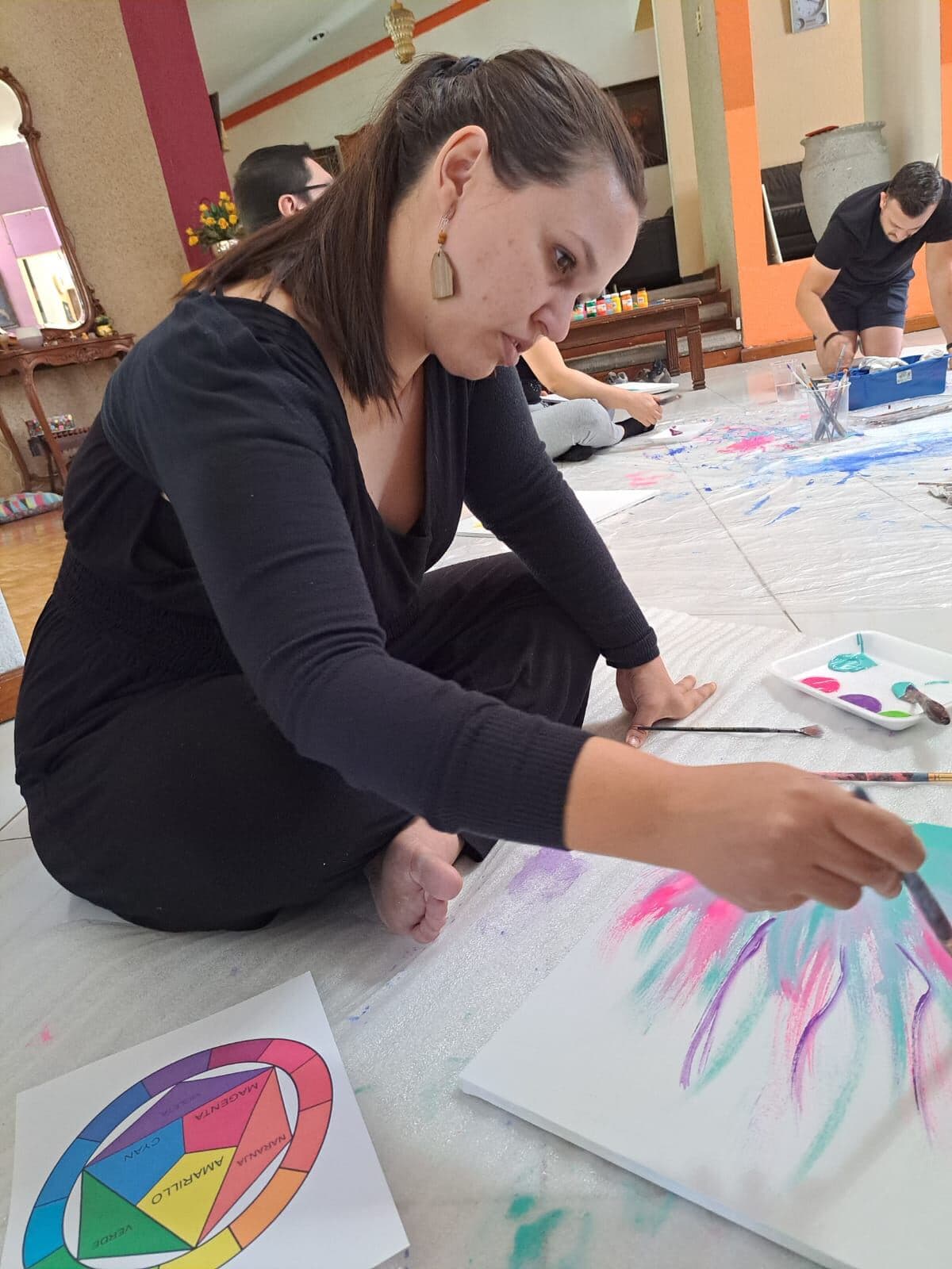 Persona concentrada pintando un lienzo en un taller de arteterapia de Mirari